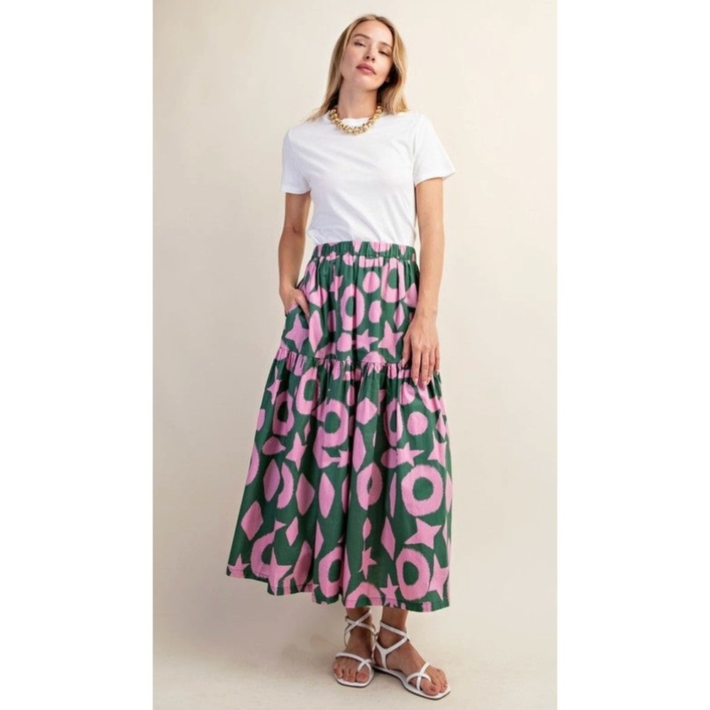 Gigio USA Womens Pink Green Geometric Ikat Print Tiered Cotton Maxi Skirt Size M